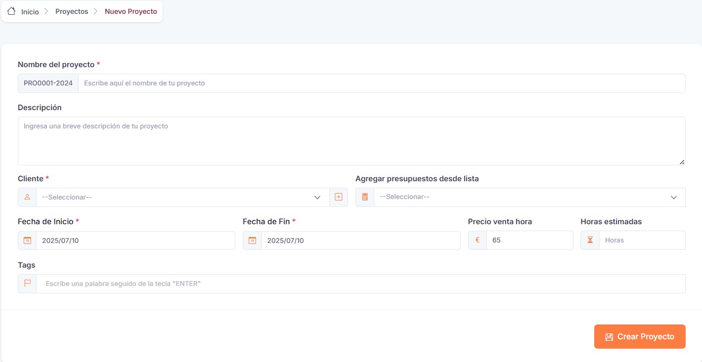 Vista de creación de Nuevo Proyecto con Projectum